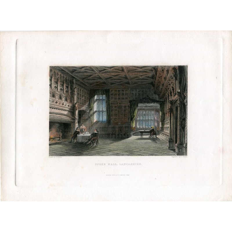 Speke Hall Lancashire coloured engraving of 1834 by E. Challis, drawn by T. Allom