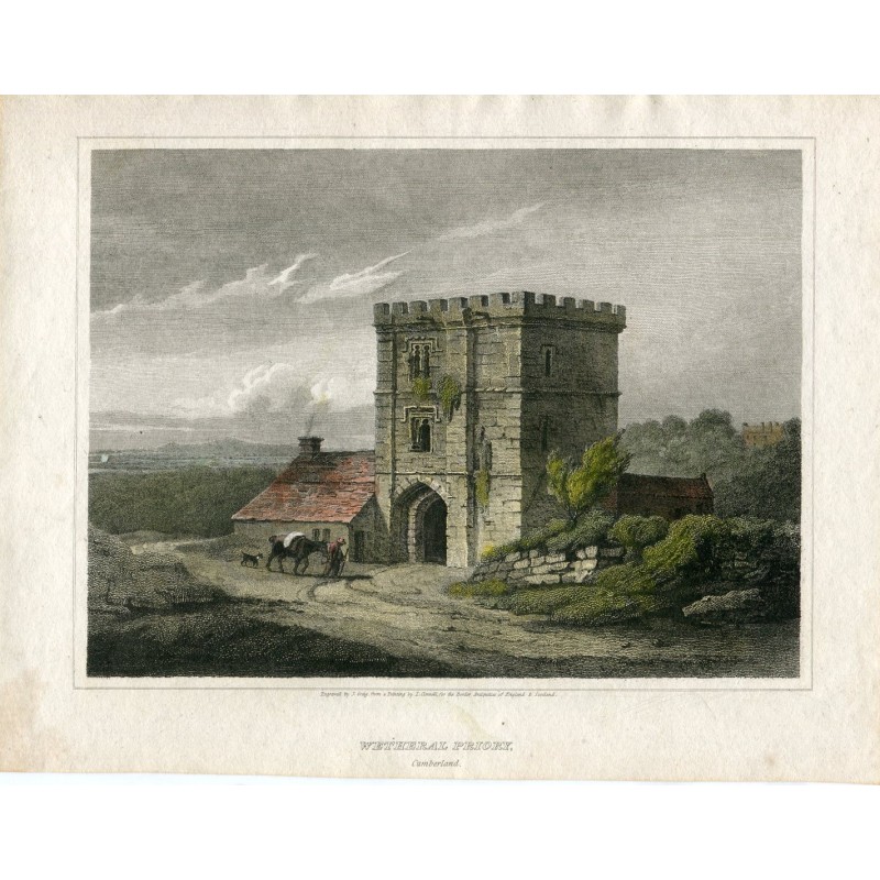 England. Wetheral Priory in Cumberland, colored engraving.
