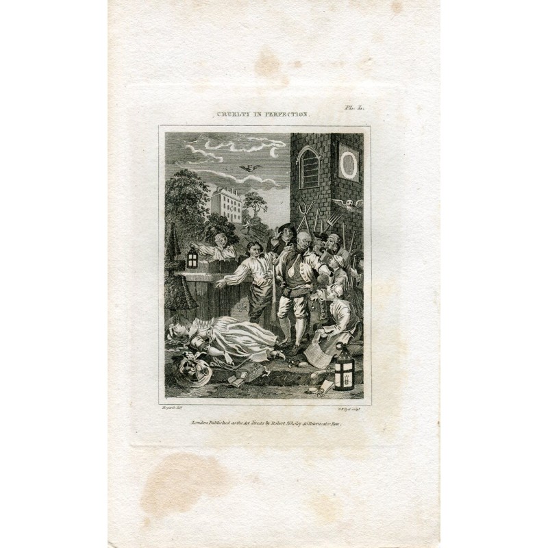 Rückseitenstich von „Cruelty in Perfection“ von DBPyet aus dem Jahr 1837, Kopie von William Hogarth.