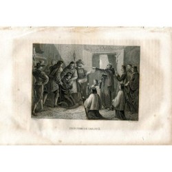 Exorcism of Charles II, engraving by Lechar, Vazquez printed in 1863