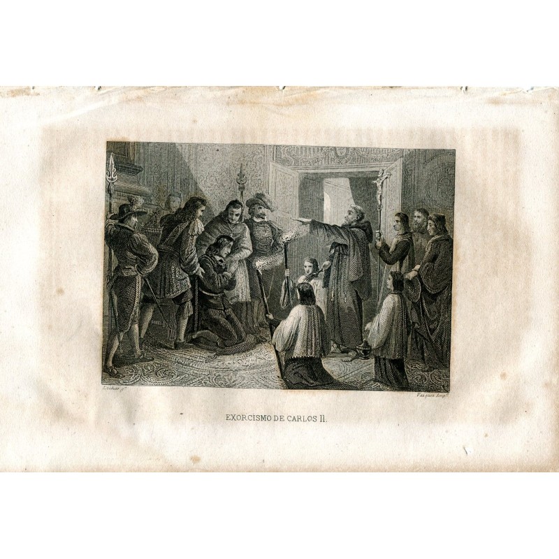 Exorcism of Charles II, engraving by Lechar, Vazquez printed in 1863
