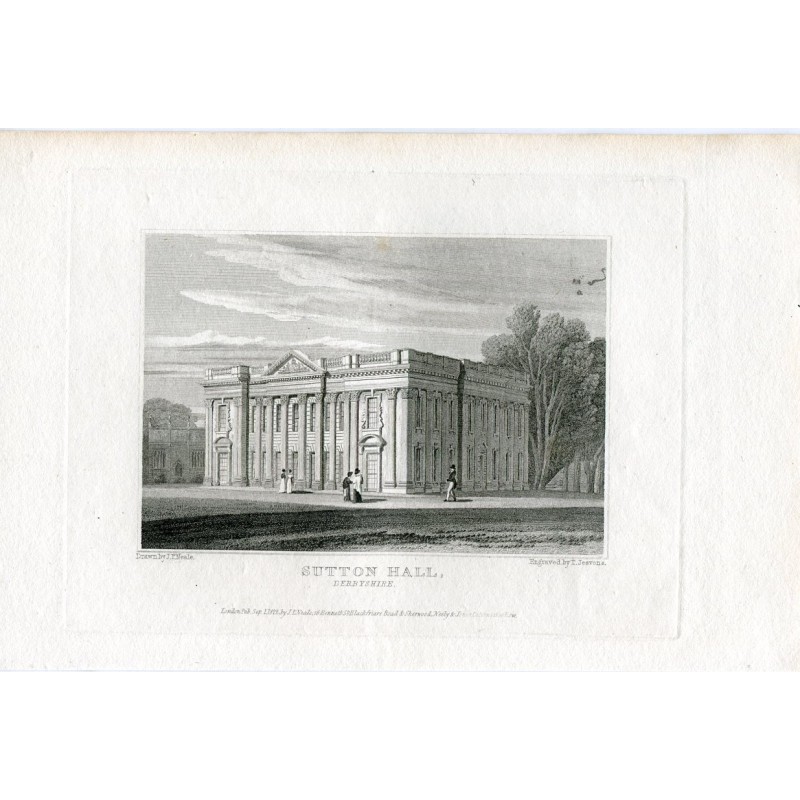 Sutton Hall, Derbyshire, incisa nel 1822 da T. Heavons. Disegnata da JP Neale.