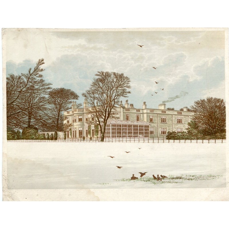 Ednaston Lodge dans le Derbyshire 1892 gravure en couleur.