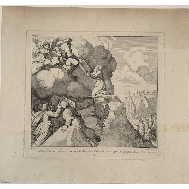 Moïse recevant les Dix Commandements - Exode - Estampe du XIXe siècle