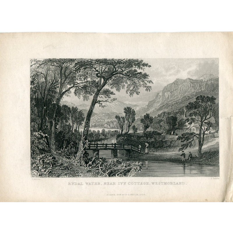 Rydal Water vicino a Ivy Cottage, Westmorland, incisione di J. Sands da un disegno di T. Allom