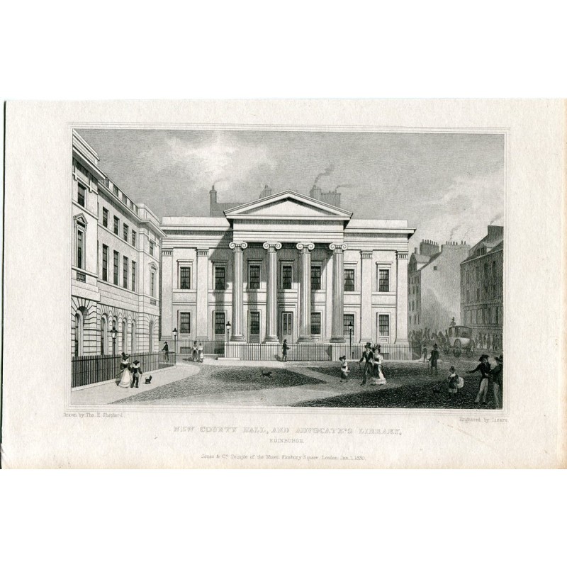 New County Hall e Biblioteca dell'Avvocato, incisa da Lizars. Disegnata da Thomas H. Shepherd.