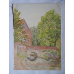 Landscape and LHWinn Bridge. English watercolor XIX-XX century.