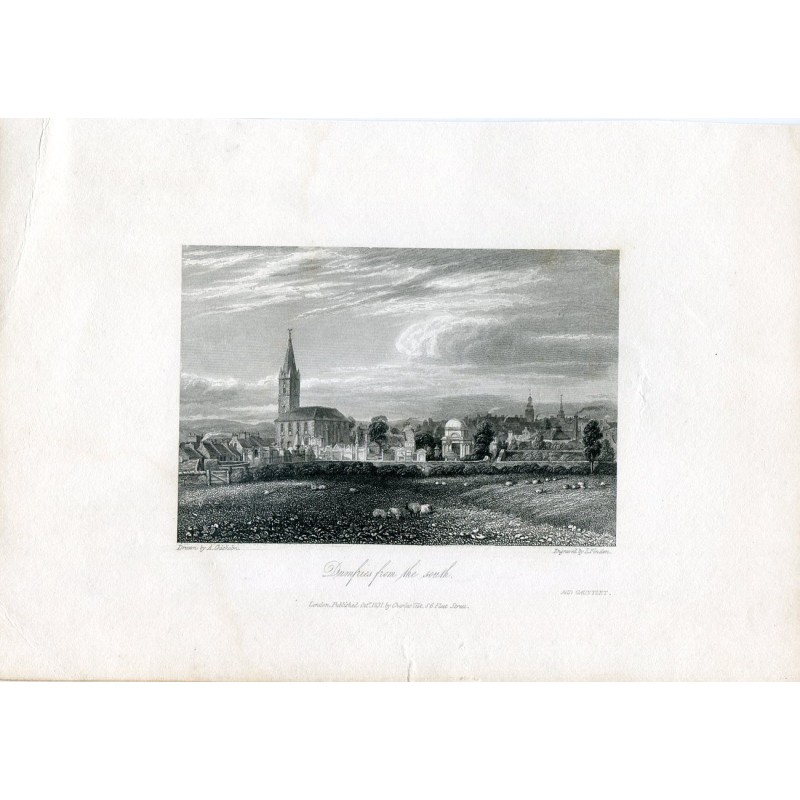 Dumfries vue du sud, enregistrée par E. Finden. Dessinée par A. Chisholm.