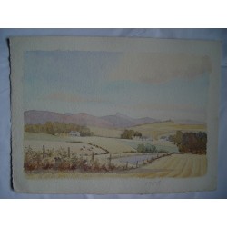Landscape Watercolor by Nora Bourne, dated 1955.