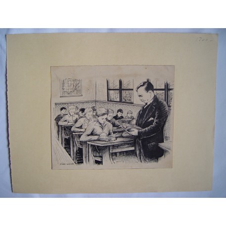 Profesor con sus alumnos Dibujo a tinta de Gabirondo.