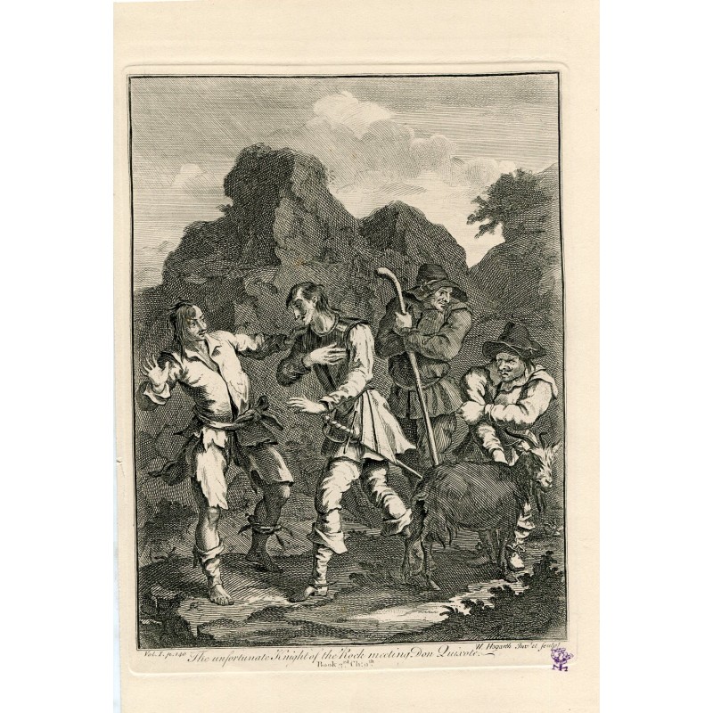 Der unglückliche Felsenritter trifft Don Quijote, gestochen von William Hogarth.