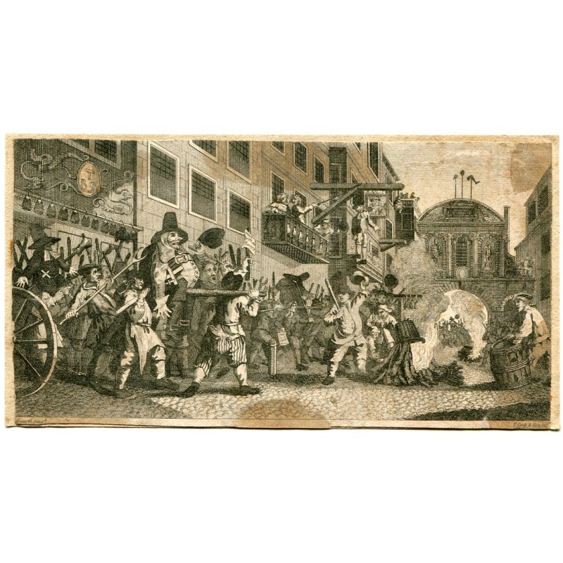 Hudibras, Brûler les croupions à Temple Bar, d'après William Hogarth. Gravure de 1808 par Thomas Cook