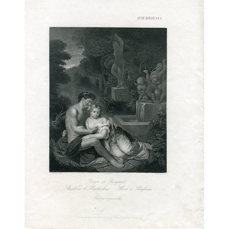 The shepherd and the shepherdess. Antique steel engraving after C Netscher.