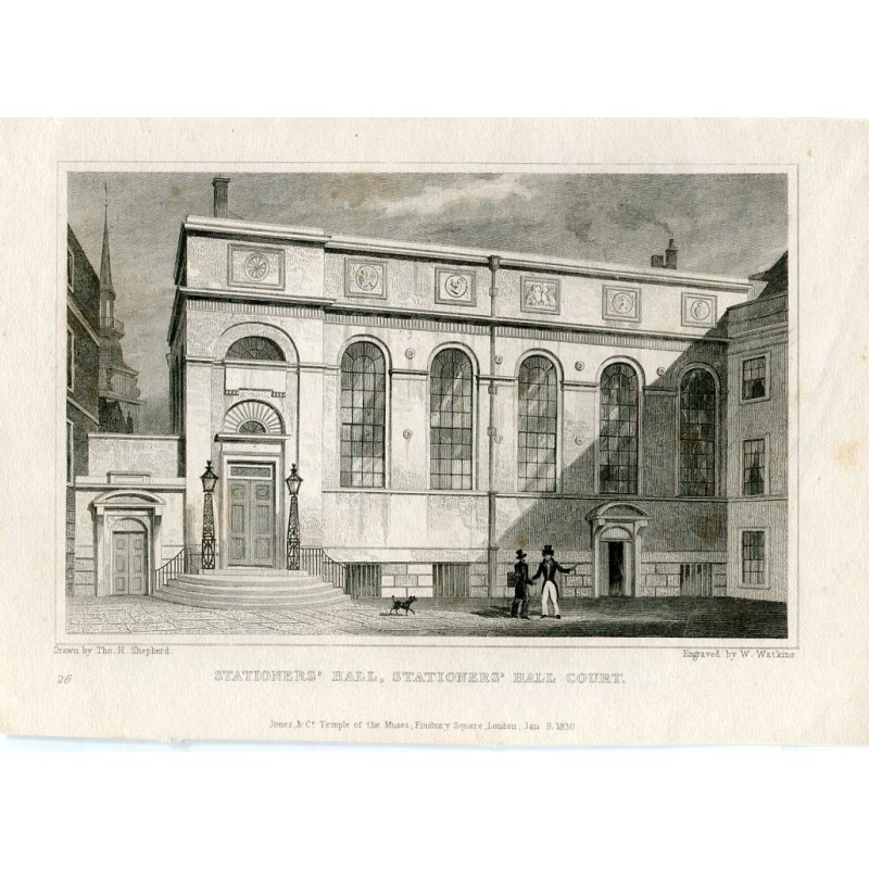 Stationer's Hall, Stationer's Hall Court, engraved by W. Watkins from a drawing by Thomas H. Shepherd