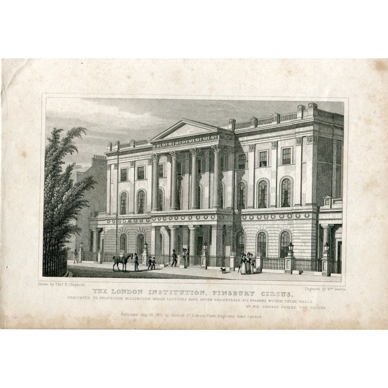 L'istituzione londinese Finsbury Circus incisa da W. Deeble disegnata da H. Shepherd