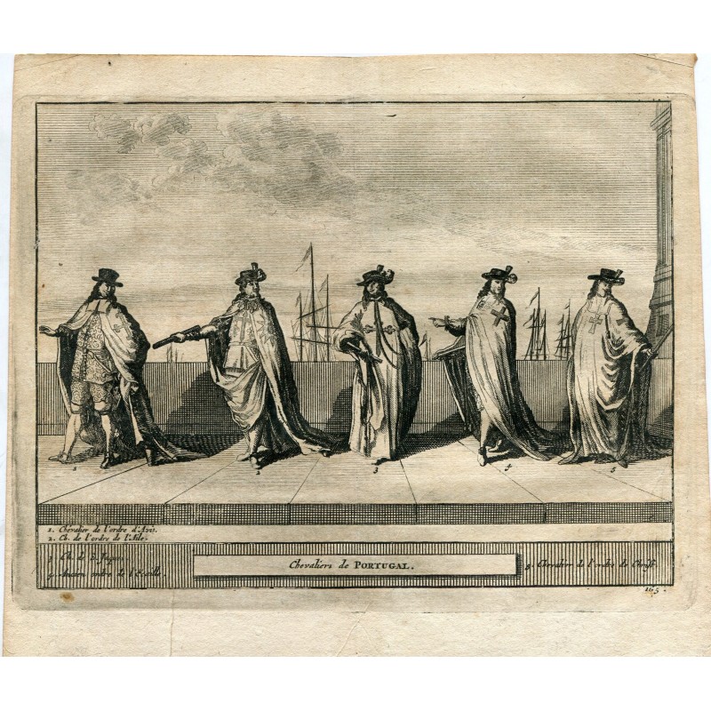 Cavalieri del Portogallo - Antica incisione su acciaio - Pieter Van der Aa (Alvarez de Comenar). 1715.