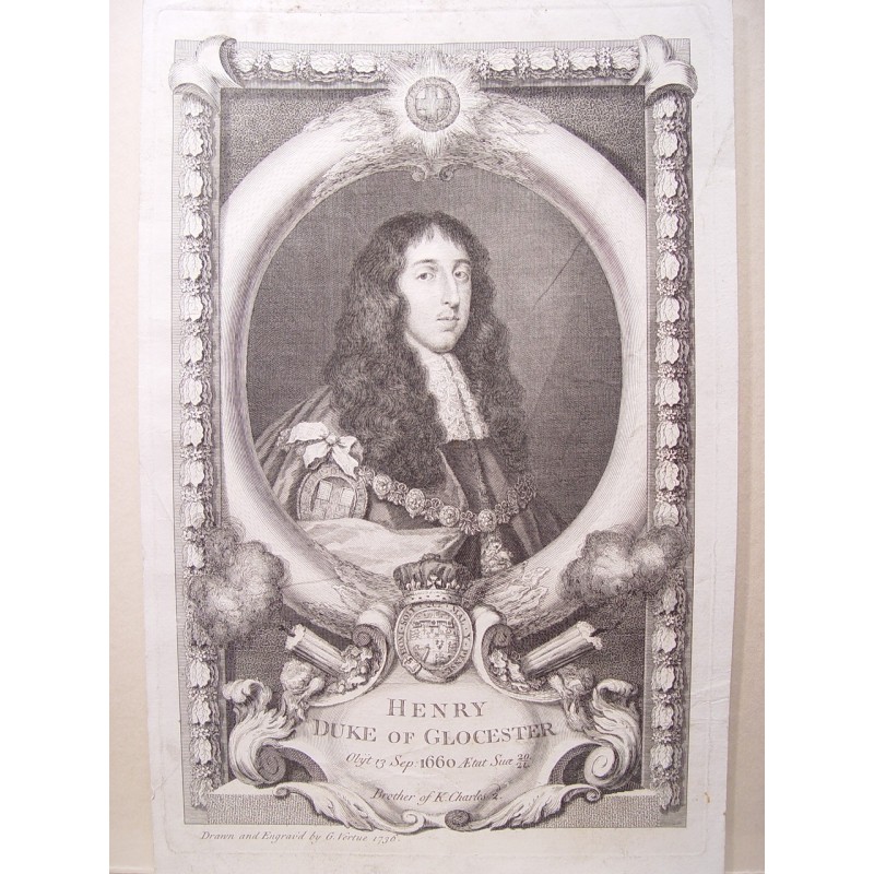 Henry Duke of Gloucester. Drawn and engraving by George Vertue in 1736.