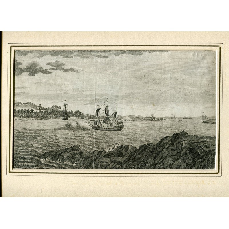 Monte Edgecumbe dall'isola di Drake (isola di San Nicola). Stampa del 1779