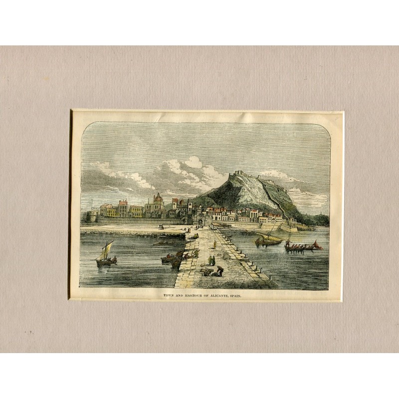 Città e porto di Alicante, Spagna, xilografia colorata a mano, 1860