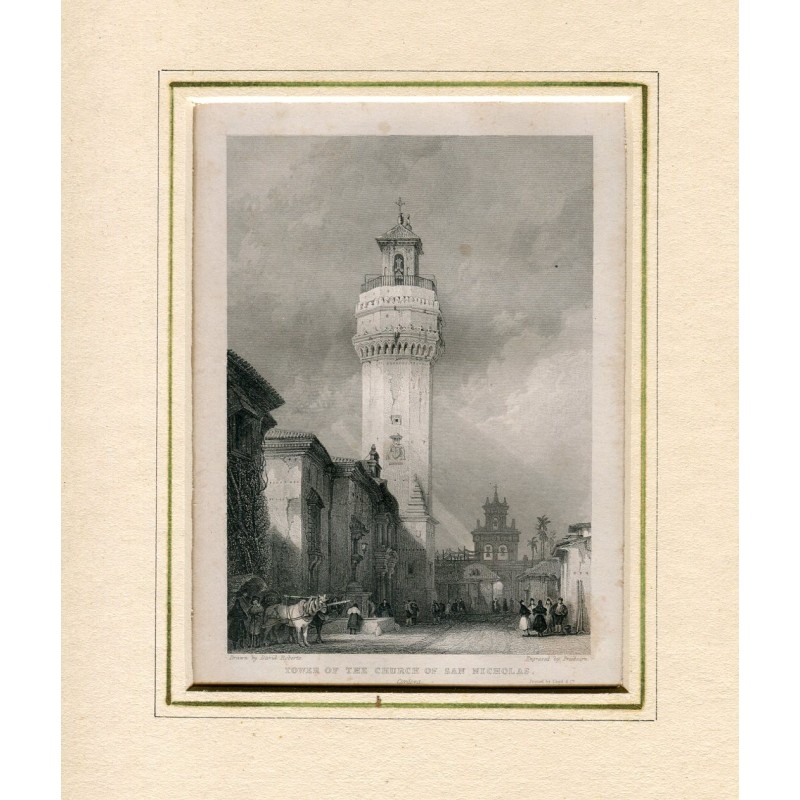 Tower of the Church of Saint Nicholas. Cordova, Spain. c. 1880 engraving