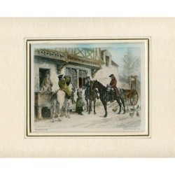 Sosta in una locanda di L. Flameng, da Meissonier. Stampa di metà XIX secolo.