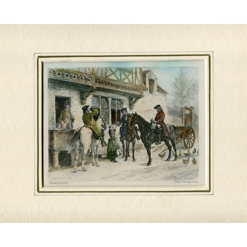 Halt an einem Gasthaus von L. Flameng nach Meissonier. Druck aus der Mitte des 19. Jahrhunderts