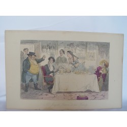 Mr. Jorrock´s return to his Family en 1840.Grabado original coloreado de John Leech en 1840-1855
