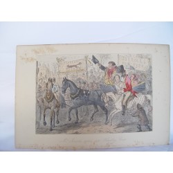 Mr. Jorrocks enter s into Handley Cross. Grabado coloread original de Jhon Leech y Phiz en 1840-1855