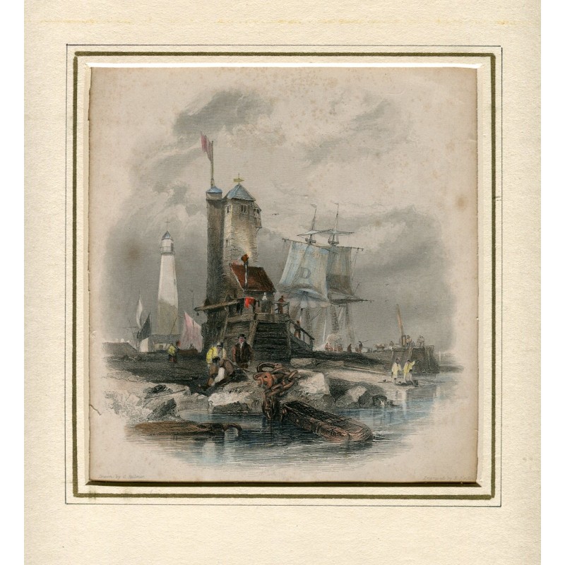 Jetée de Sunderland avec le vieux phare, gravure de 1842