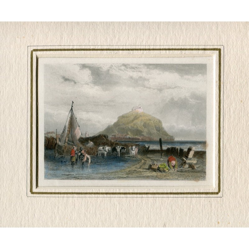 Mont Saint-Michel, Cornouailles. Gravure ancienne. 1830.