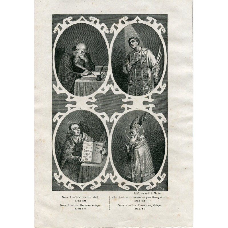 Four saints: Saint Benedict, Saint Gummersand, Saint Hilary and Saint Fulgentius engraved by V. Barneto