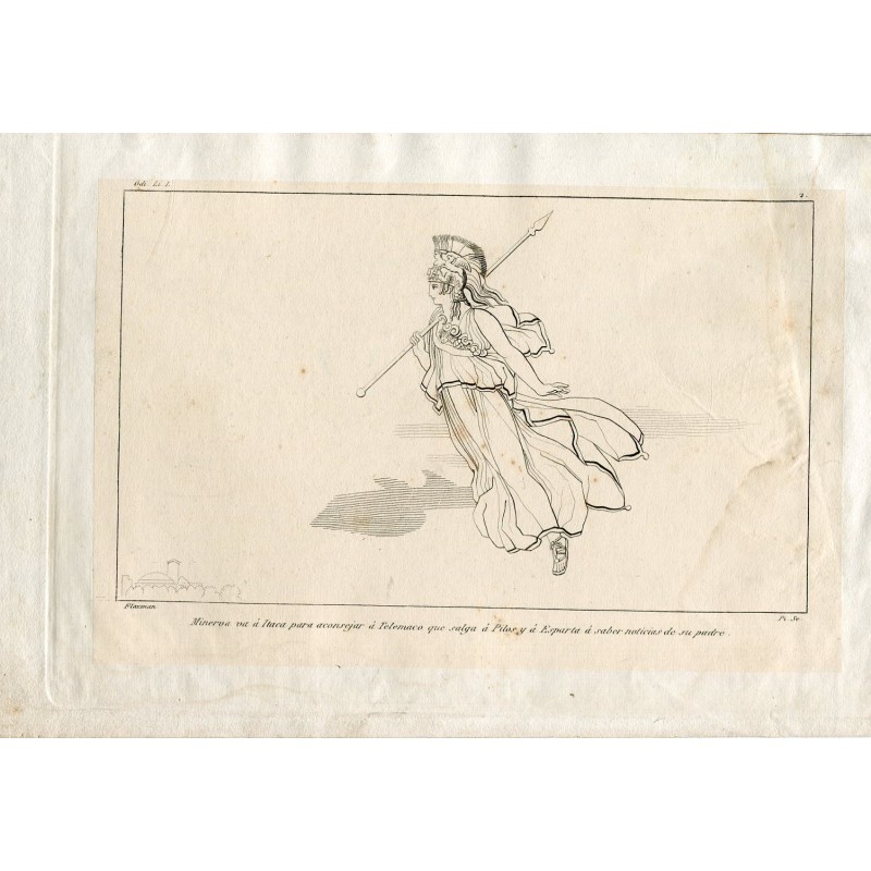 Minerva geht nach Ithaka, um Telemano zu beraten, Gravur von Pi und Margal, gezeichnet von Flaxman