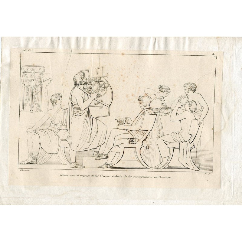 Temio canta il ritorno dei Greci, incisione di Pi y Margall, disegnata da Flaxman