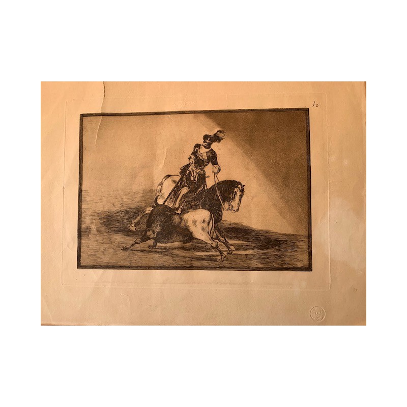 Charles V spearing a bull in the Valladolid bullring, engraving No. 10, Bullfighting by Goya