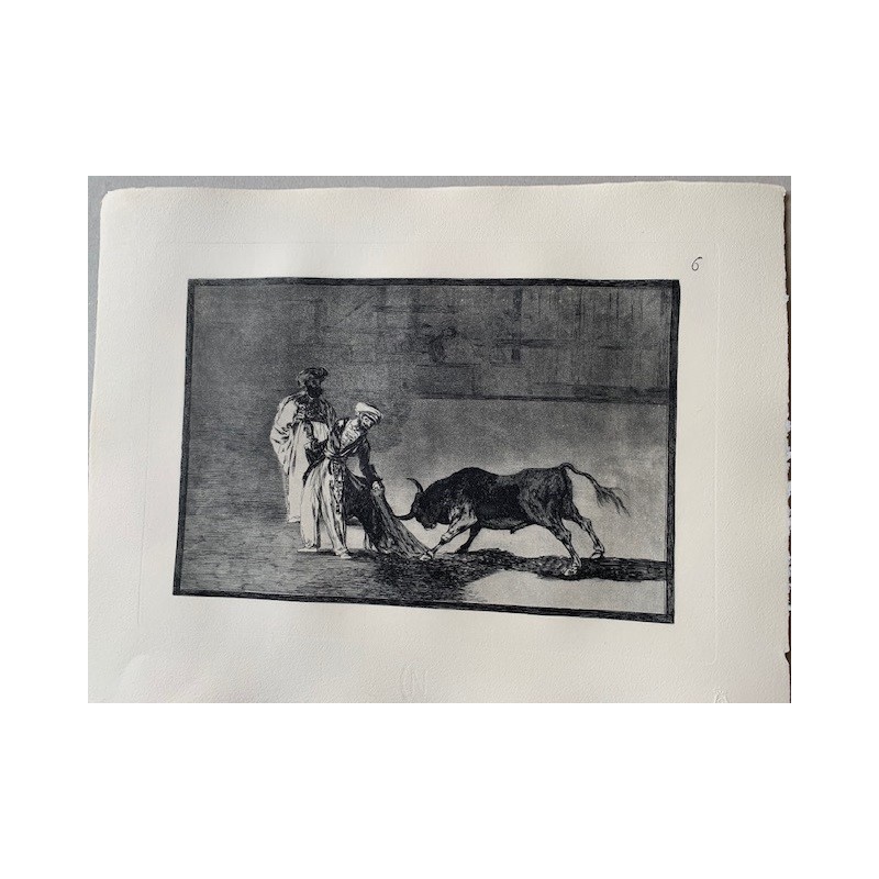 Goya etching. Bullfighting, plate 6, 1983 edition. 'The Moors make a different play in the ring calling the bull ...'