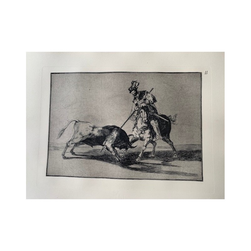 Goya etching. Bullfighting, plate 11, 1983 edition. 'The Cid Campeador spearing another bull'