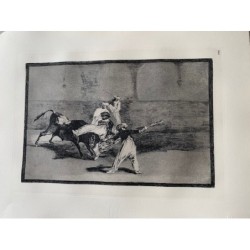 Goya etching. Bullfighting, plate 8, 1983 edition. 'A Moor caught by the bull in the ring.'