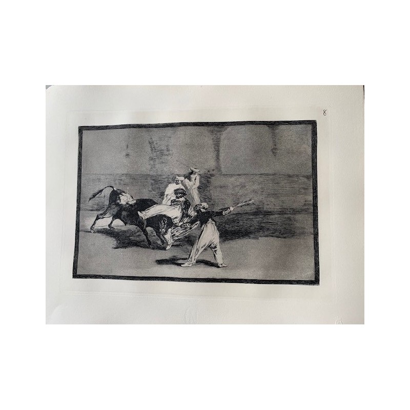 Goya etching. Bullfighting, plate 8, 1983 edition. 'A Moor caught by the bull in the ring.'