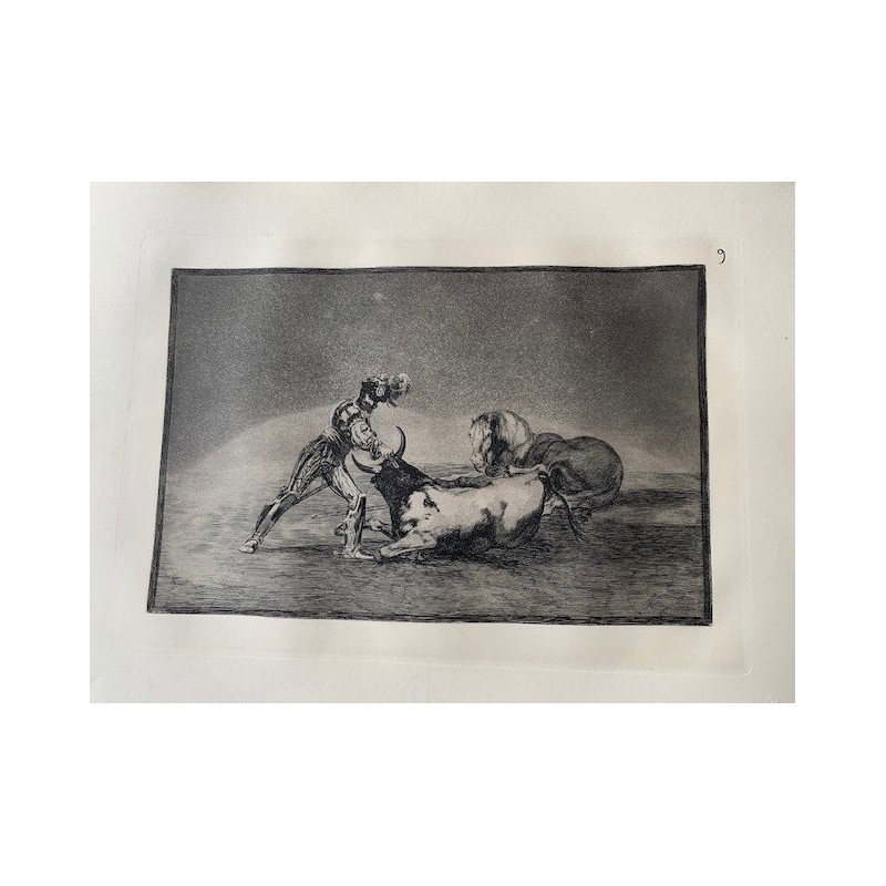 Goya etching. Bullfighting, plate 9, 1983 edition. 'A Spanish notle kills a bull after he has lost his horse'