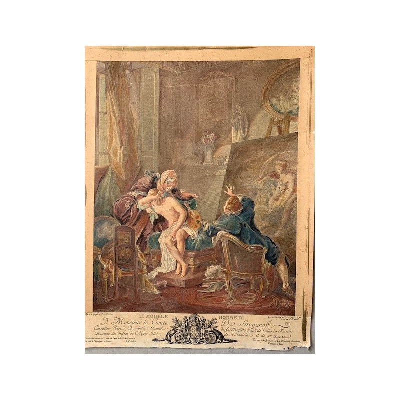 Le modèle Honnete gravé par JM Moreau le jeune d'après une œuvre de gouache de PA Baudouin