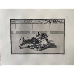Goya etching. Bullfighting, plate 26, 1983 edition. 'A Picador is unhorsed and falls under the bull'