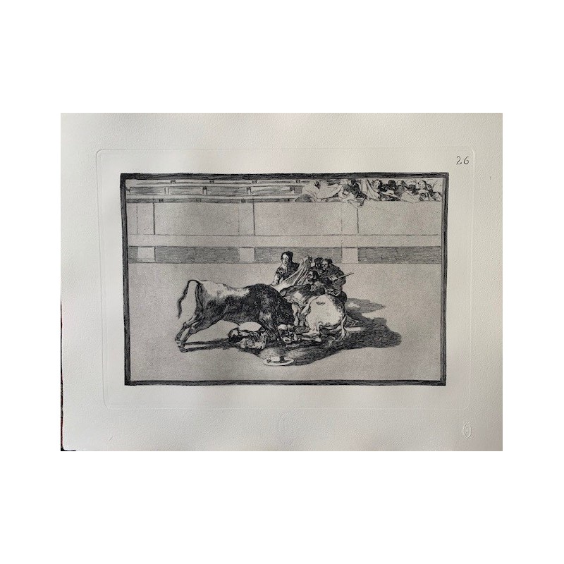 Goya etching. Bullfighting, plate 26, 1983 edition. 'A Picador is unhorsed and falls under the bull'