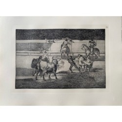 Goya etching. Bullfighting, plate 31, 1983 edition. 'The forceful Rendon stabs a bull with the pique'
