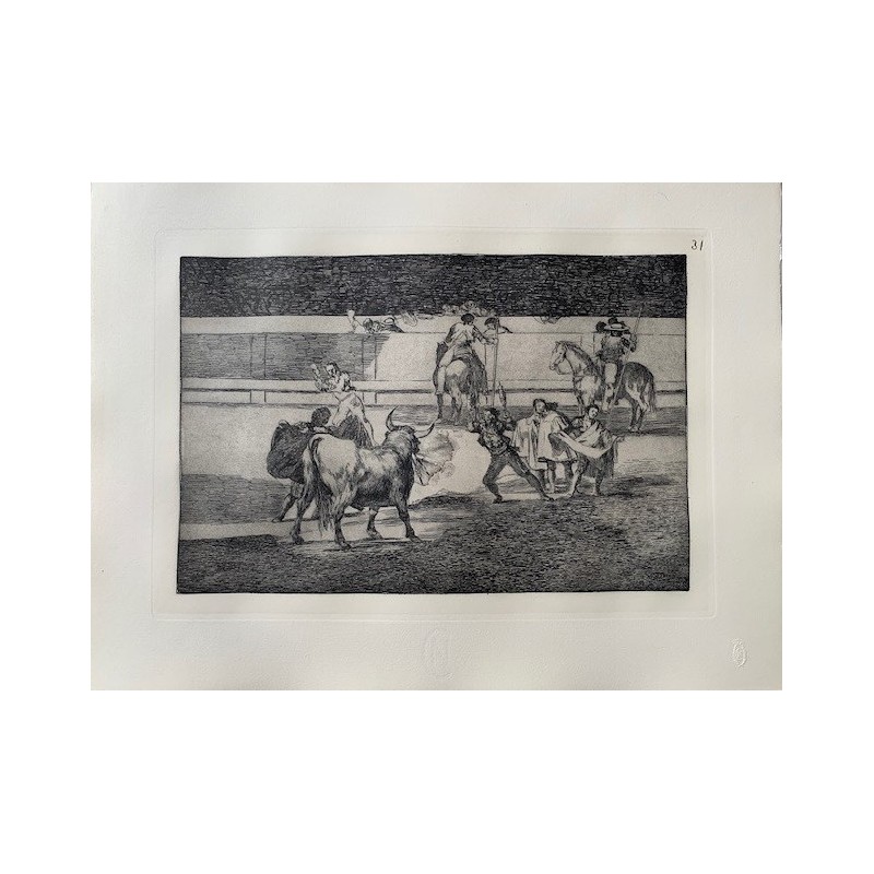 Grabado n 31 de la Tauromaquia de Goya.Esforzado Rendón picando un toro, de cuya suerte murió en la plaza de Madrid.