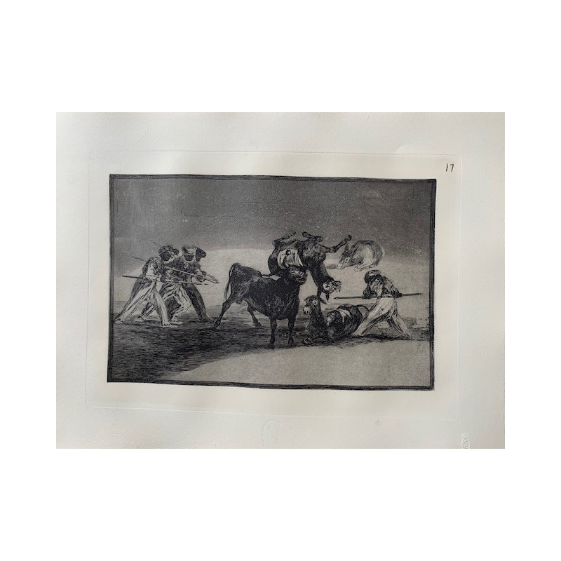 Goya etching. Bullfighting, plate 17, 1983 edition. The Moors Use Donkeys as a Barrier to Defend Themselves'