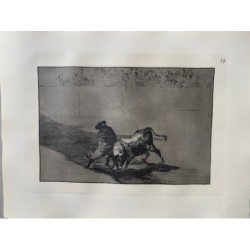 Radierung von Goya. Stierkampf, Tafel 14, Ausgabe 1983. „Der sehr geschickte Schüler von Falces, eingehüllt in den Umhang …“