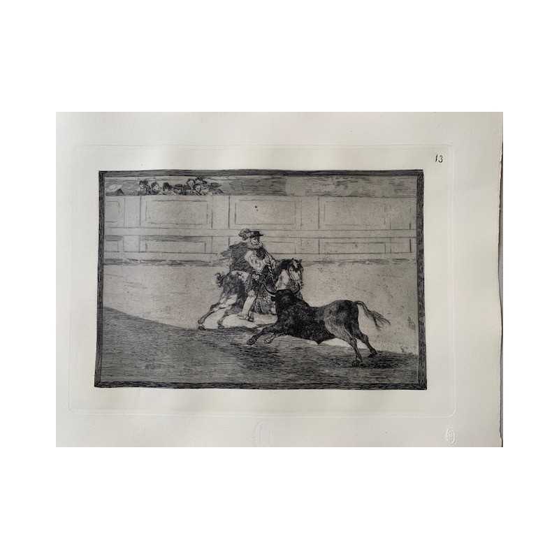 Goya etching. Bullfighting, plate 13, 1983 edition. 'A Spanish mounted knight in the ring breaking short spears...'