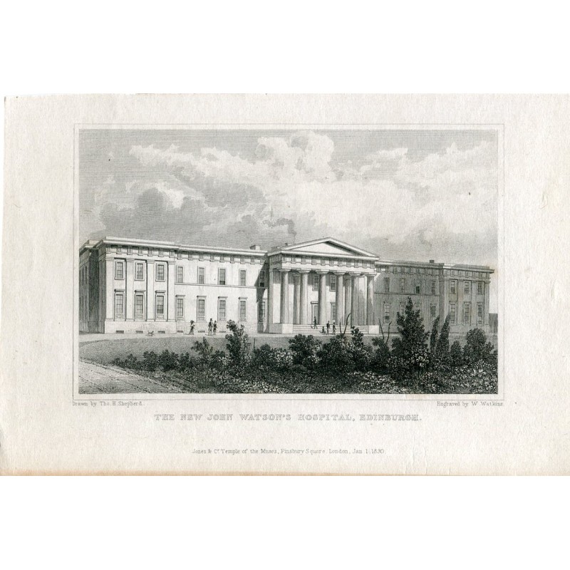 Scozia. Il nuovo ospedale John Watson di Edimburgo, incisione di W. Watkins, disegno di Thomas H. Shepherd
