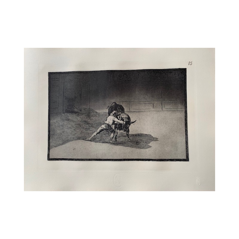 Goya's bullfighting print no. 15. The famous Martincho placing banderillas in the break