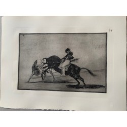 Estampe n 24 de Tauromachie de Goya. Ceballos lui-même, monté sur un autre taureau, brise les rejones dans les arènes de Madrid.